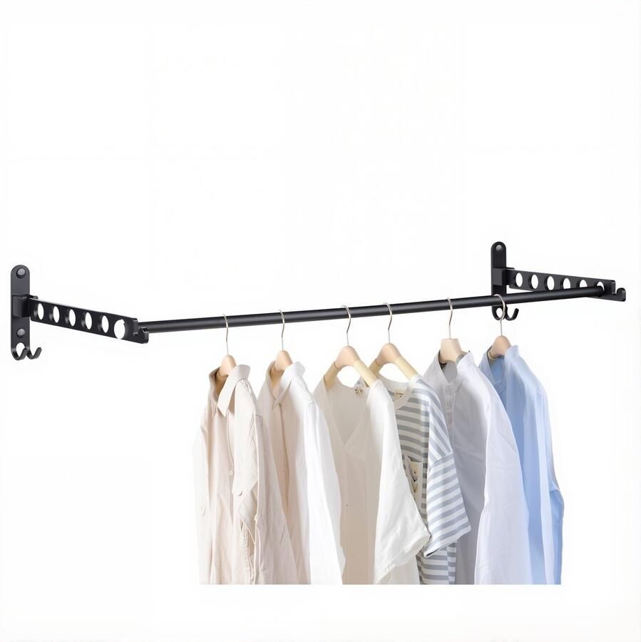 JOLY FANG Wanddroogrek kledingrek met opvouwbare kledinghaken met stang wandgemonteerde kledinghaken voor slaapkamer wasruimte (zwart 2 stuks + stang)