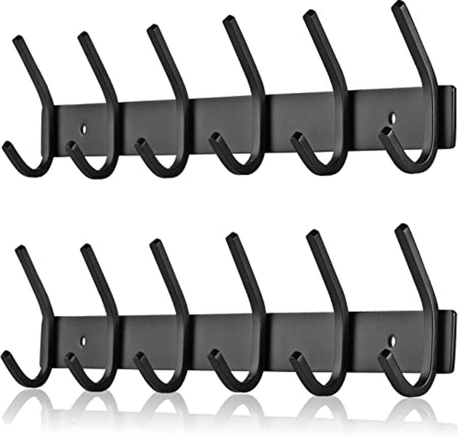 JOLY FANG Wandkapstok zwarte wandkapstok roestvrijstalen haakrek kapstok voor garderobe badkamer keuken (zwart 6 haken pak van 2)