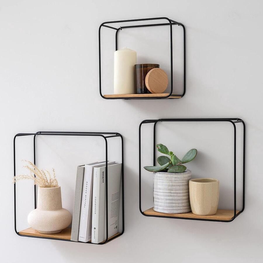 Jona Wandplanken Wanddecoratie en Opslag 3 stuks Eiken Metaal en Houtfineer