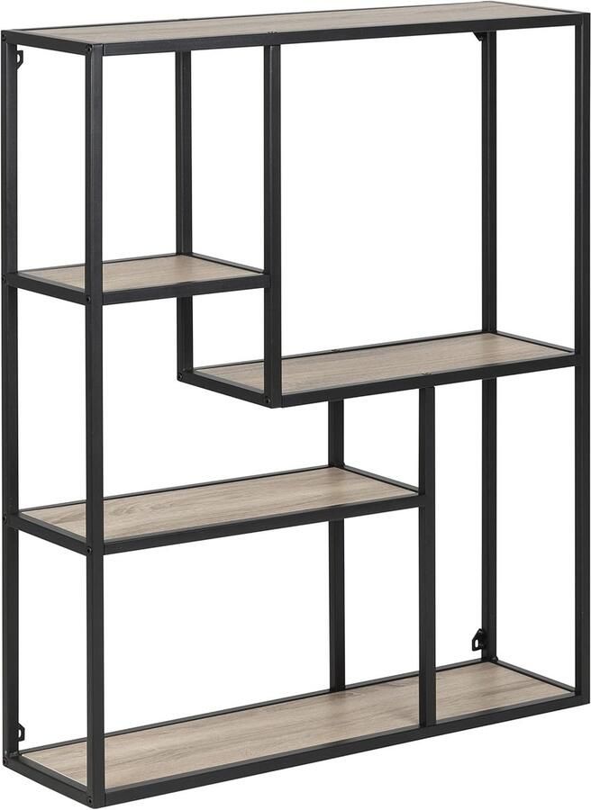 Jörn Asymmetric Wall Shelf with 4 Shelves H: 91 x W: 75 x D: 20 cm Black Ash Wood Metal 1 Piece