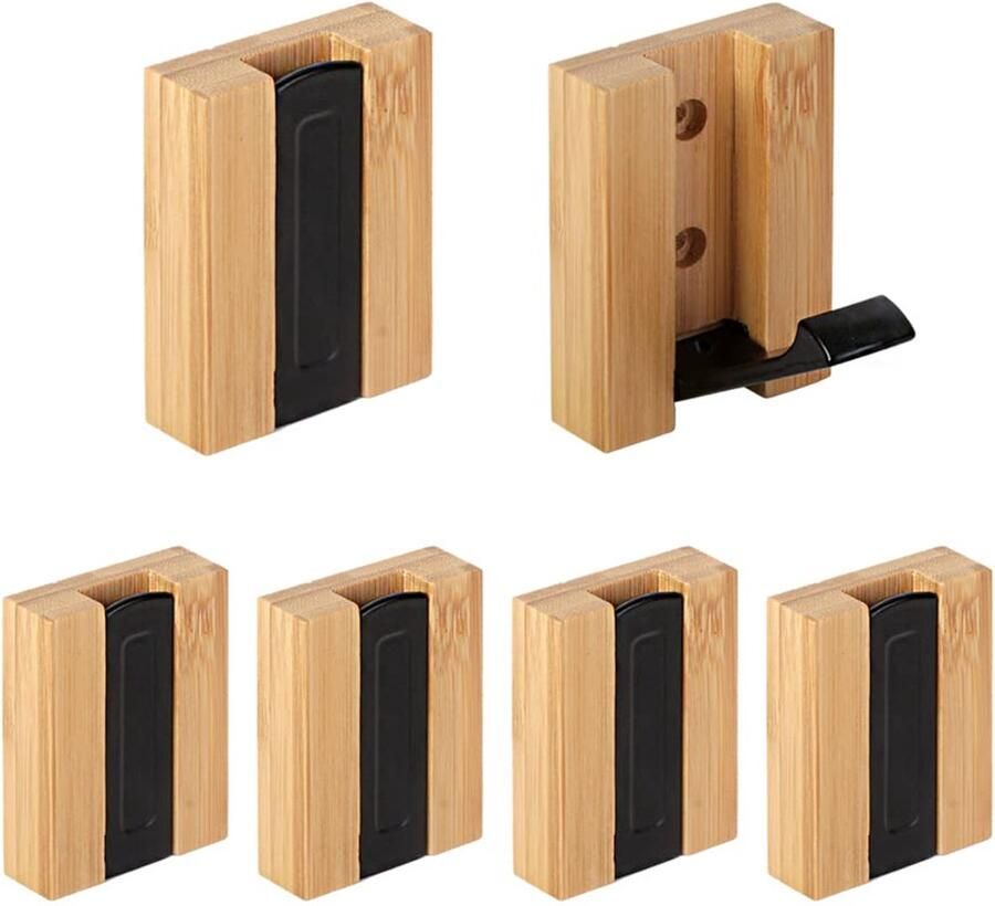 JSVER Kapstokhaken 6 stuks Bamboe Haken Kapstokhaken Wand Moderne Kapstok Houten Opvouwbaar voor Jassen Mantels Sjaals Handtassen en Meer Hout