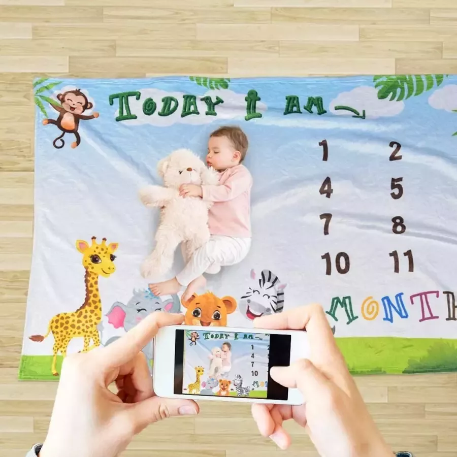 Jungle Safari Milestone Deken 150 × 100 cm Fleece Kwekerij Bed Deken Gedrukt Giraffe Aap Olifant Pasgeboren Baby Deken Fotografie Achtergrond Props