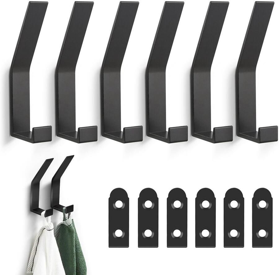 JurciCat 6 stuks kapstokhaken garderobehaken wandhaken jashaken wandhaken voor keukens badkamers deuren hallen badkamers en gangen (zwart)
