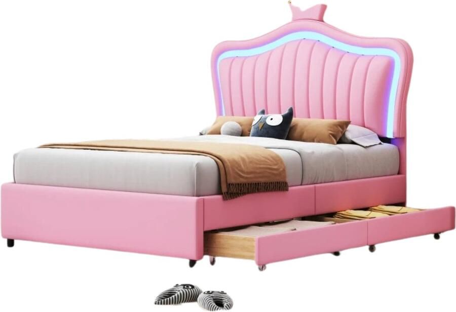 Jurrys Princesse bed Meisjes Bed Kinderbed 90cm x 200cm Gestoffeerd Slaapkamer Led verlichting