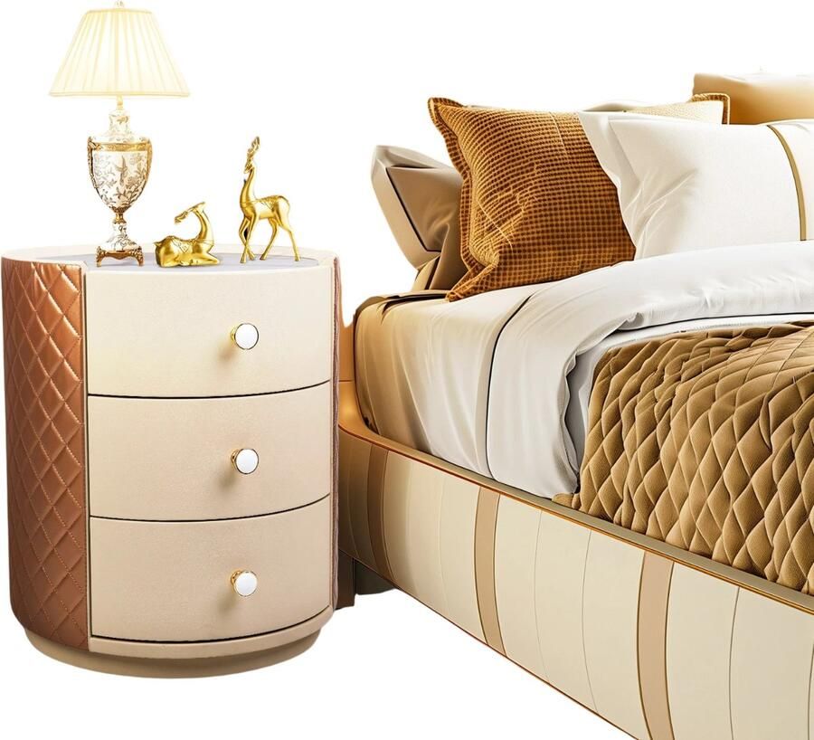 Jurrys Nachtkasje Rond 3 Lades Leder Woonkamer Slaapkamer Tafel