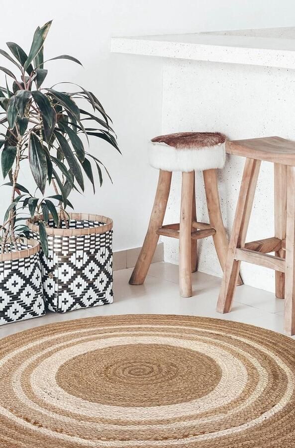 Jute Vloerkleed Rond Tapijt Alhambra Natuurlijke Kleur en Witte Streep 100% Handgemaakt voor Woonkamer-Eetkamers-Zalen-Slaapkamers 100x100cm vloerkleed