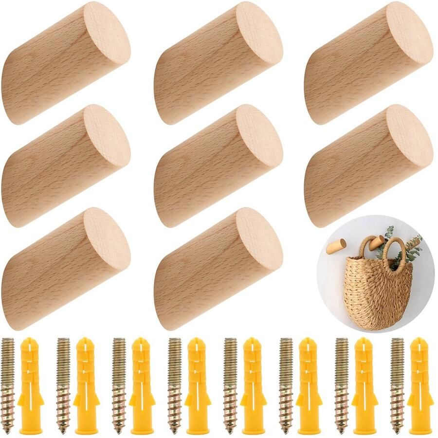Juyibaao 8 stuks houten kapstokhaken enkele beukenhouten kapstokhaken met schroeven houten haken voor aan de muur rond multifunctioneel voor hal woonkamer slaapkamer keuken