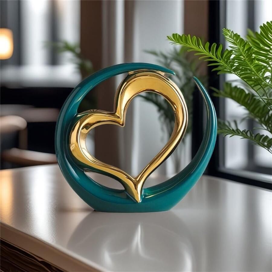JXCBXJ Decoratief kunstbeeld modern hartvormig keramisch beeld voor eetkamer woonkamer kantoor tv-meubel middelpunt. (Groen goud)