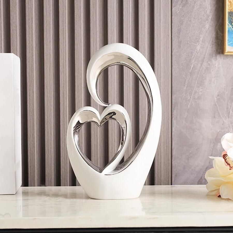 JXCBXJ Decoratief kunstbeeld modern hartvormig keramisch beeld voor eetkamer woonkamer kantoor tv-meubel of middelpunt. (Wit zilver D)