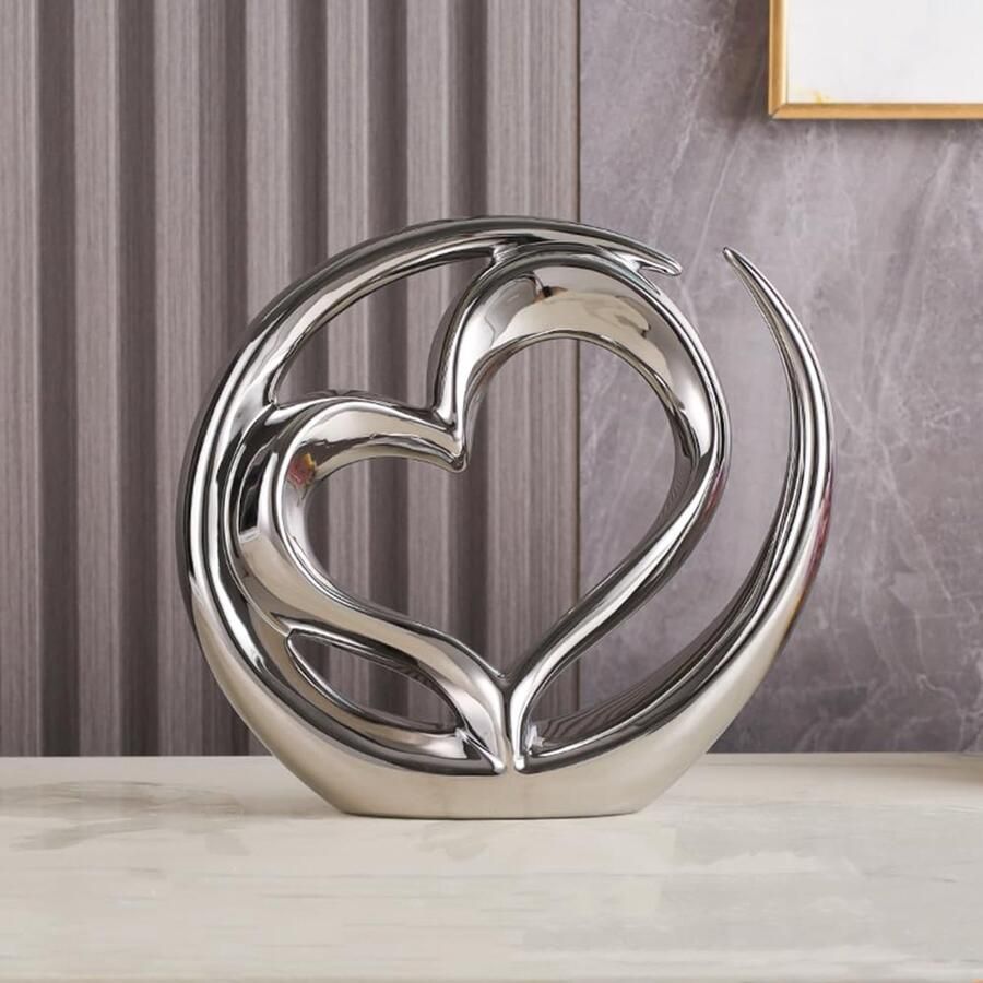 JXCBXJ Decoratief kunstbeeld modern hartvormig keramisch beeld voor eetkamer woonkamer kantoor tv-meubel of middelpunt. (Zilver)
