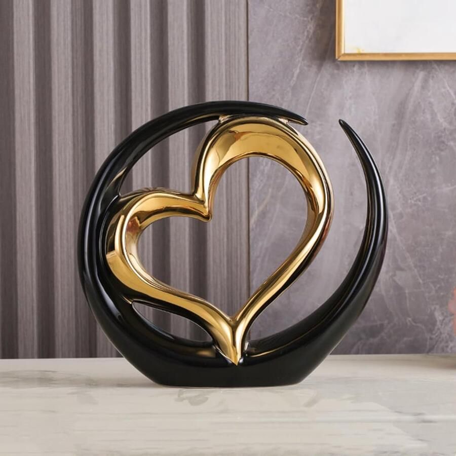 JXCBXJ Decoratief kunstbeeld modern hartvormig keramisch beeld voor eetkamer woonkamer kantoor tv-meubel middelpunt. (Zwart goud)
