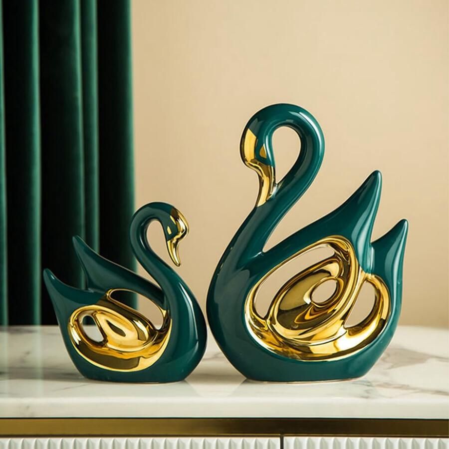 JXCBXJ keramisch beeld sculpturenset van 2 zwanen creatieve keramische decoratie ambachtelijke ornamenten huisdecoratie gedenkgeschenk voor ouders geschikt voor decoratie op een plank boek of tv-meubel