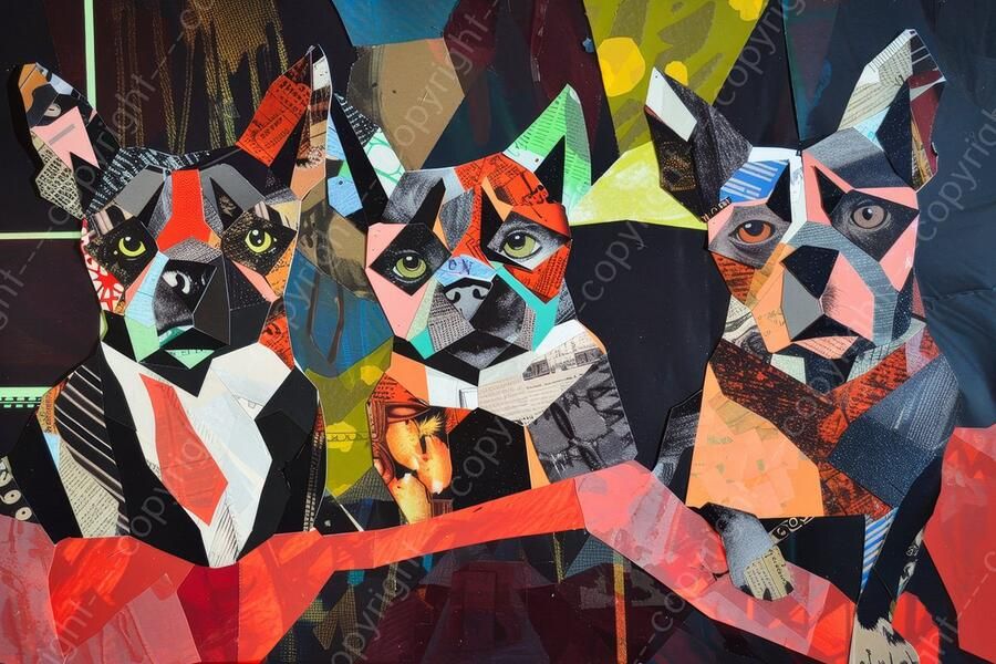 K&C Art (Glasschilderij) 90x60cm Honden op een bank in papier collage stijl dier abstract oranje groen blauw roze zwart wit modern kunst Foto schilderij print op acrylglas wanddecoratie muurdecoratie wall art