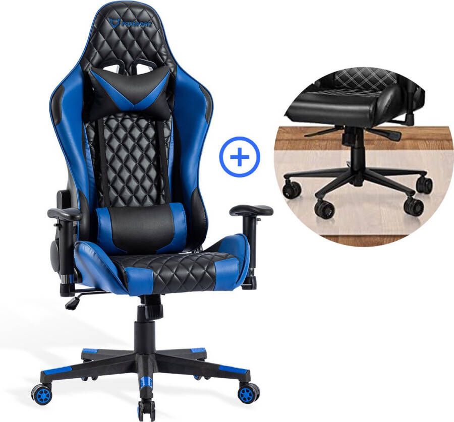K IKIDO Gamestoel Bureaustoel Gaming Chair Nek en Rugkussen Verstelbare Zithoogte Kantoor Thuis Gaming Zwart Blauw Met bureaustoel vloermat