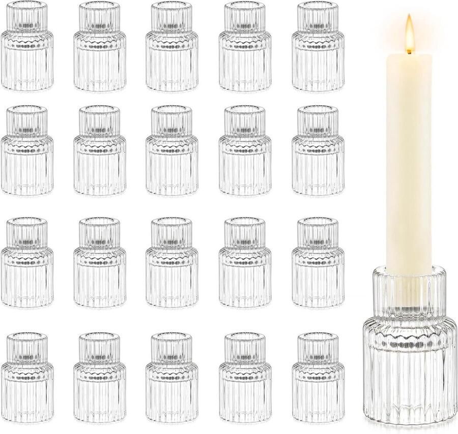 Senza Marchio Kaarsenhouder Glazen Kandelaar Houders 20 stks Taper Kaarsen Clear Geribbelde Moderne Kerst Tafel Decor Bruiloft Middenstuk