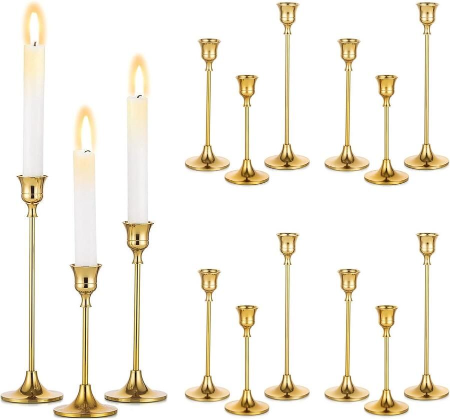 Kaarsenhouder Goud Set van 15 kandelaars voor conische kaarsen messing kandelaar Metalen kandelaar voor kersttafeldecoratie Eettafel Mantel Bruiloftsfeest