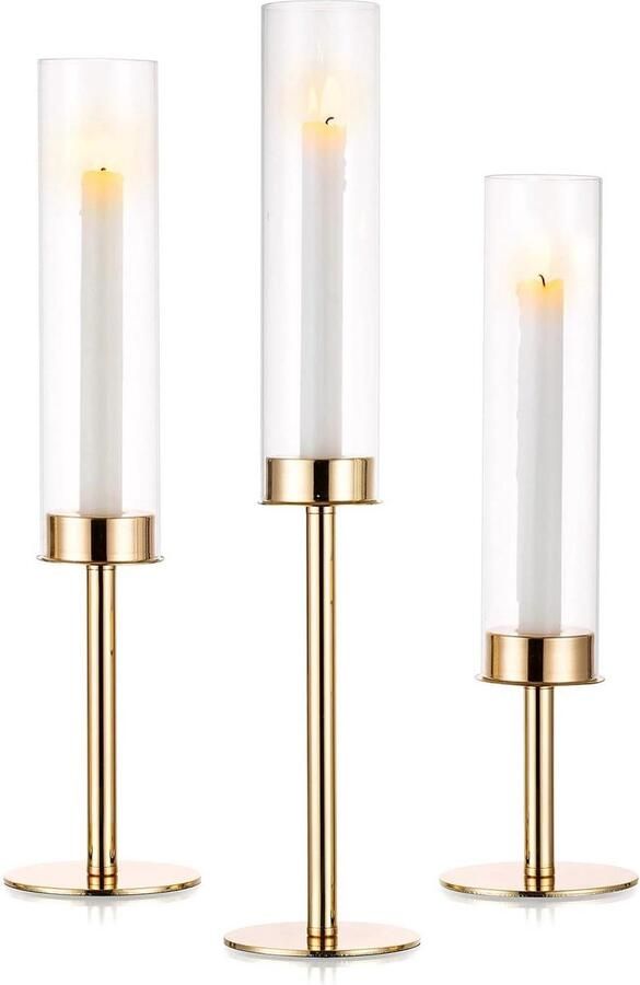 Kaarsenhouder Gouden Hurricane Kandelaar Houders Glas Metalen Kaarsenhouders Taper Kandelaar Hoge Open Einde Kandelaar Cilinder Schaduw Bruiloft Partij Tafel Centrepiece Decoratie Set van 3
