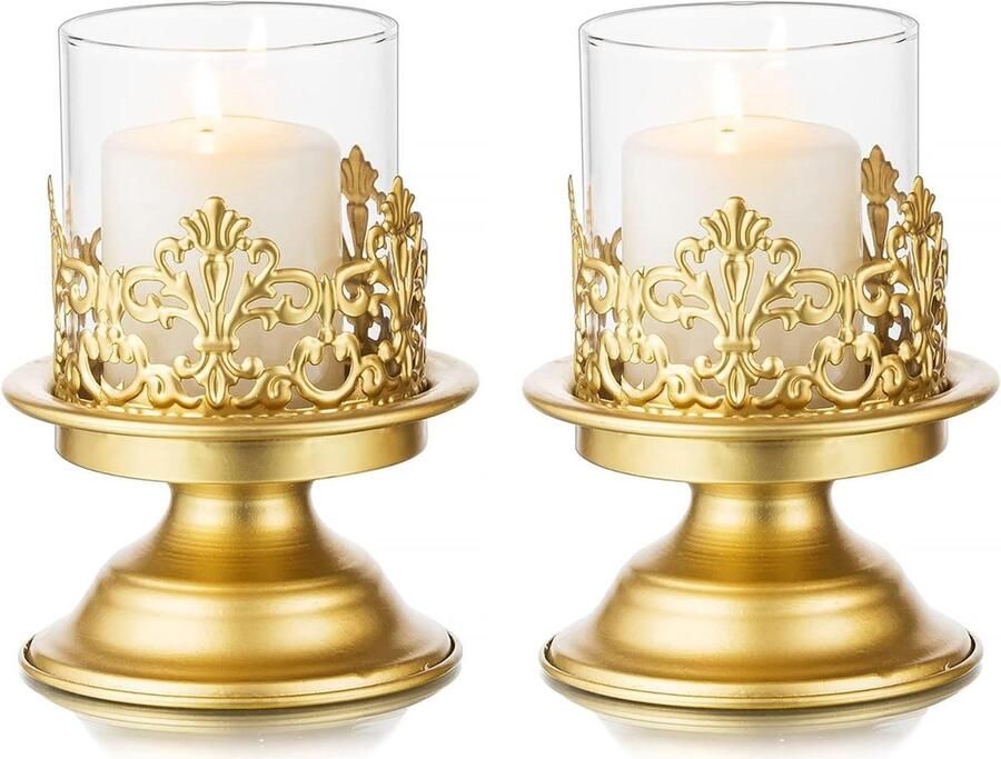 Vintage Metalen Kandelaar Houder Gouden Pijler Kandelaars Glazen Hurricane Kandelaars voor Tafel Centerpieces Woonkamer Eetkamer