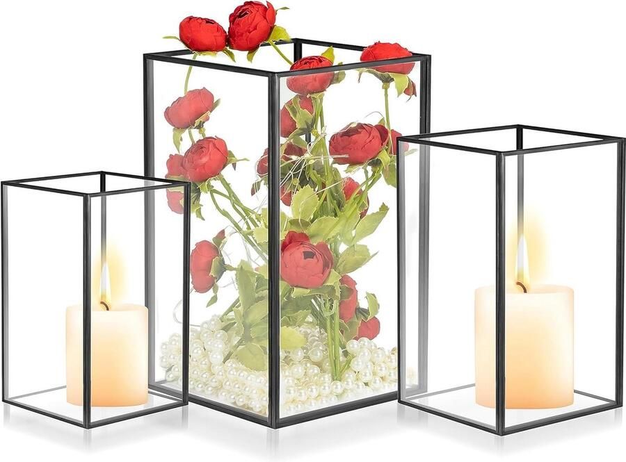 Kaarsenhouder Grote Glazen Hurricane Set van 3 Pijlerkaarsen Zwarte Lantaarns Decoratief Tafel Middenstuk Helder Glas Bruiloft Vakantie Thuis