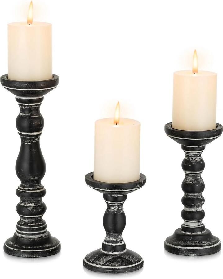 Kaarsenhouder Houten decoratieve kaarsenhouder: 3 stuks zwarte vintage kaarsenhouders Tafeldecoratie Kerst Woonkamer Eettafel Landhuisstijl Decoratie Grote kaarsenhouder