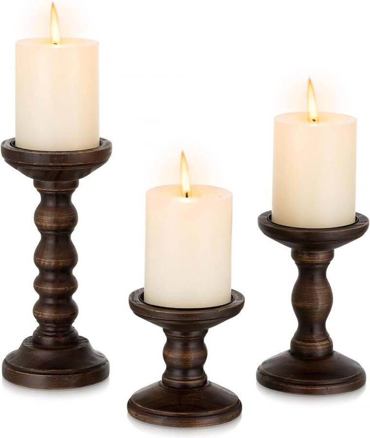 Kaarsenhouder Houten kaarsenhouder Vintage decoratie: 3 stuks bruine kaarsenhouders Stompkaarsen Woonkamer tafeldecoratie Grote kaarsenhouder decoratie Eettafel Kerstmis