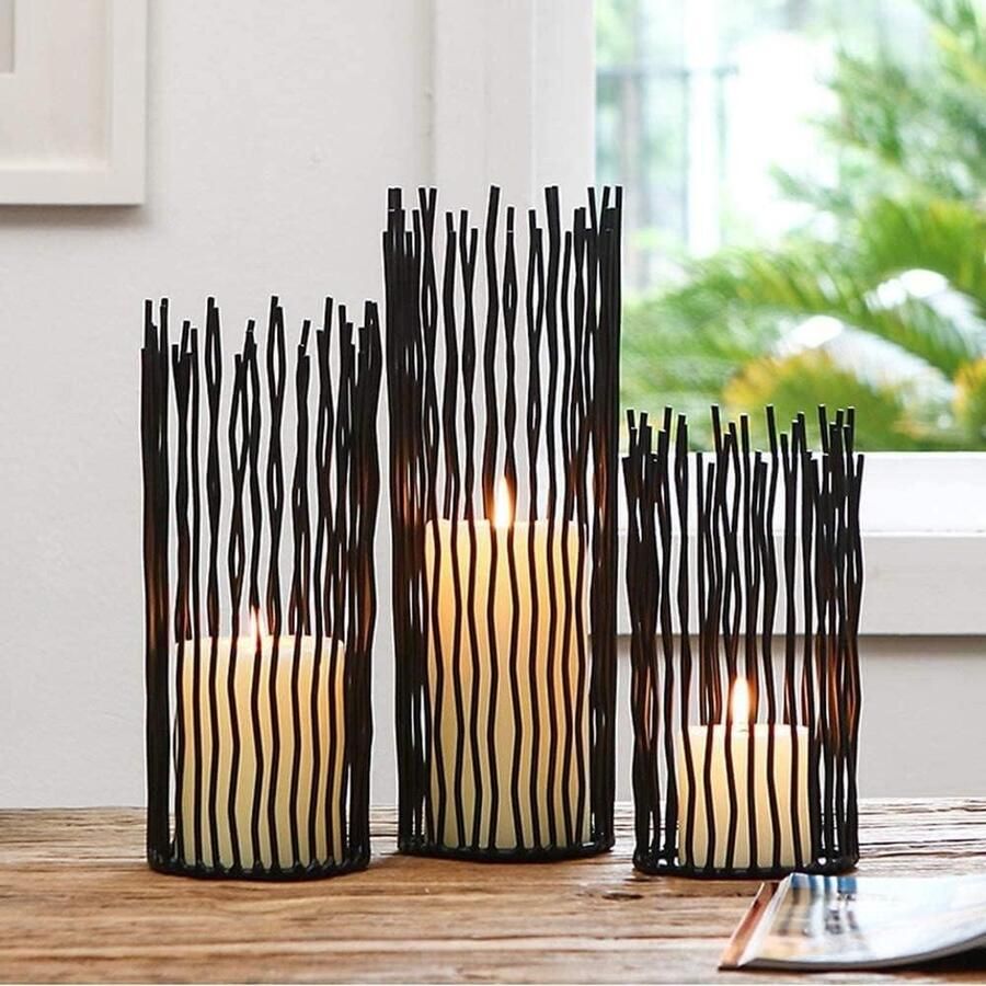 Wilg Kaarsenhouder Set van 3 Metalen Zwarte Pijler Kandelaars voor Tafel Moderne Kandelaar Houders voor Eetkamer Woondecoratie Binnen Outdoor Decor