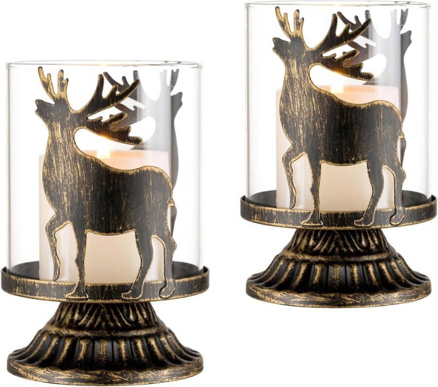 Kaarsenhouder Kerstversiering Lantaarns Kerstversiering: Set van 2 Herten Metalen Kerstversiering Vintage Landhuisdecoratie voor Tafel Raam Woonkamer (Zwart)