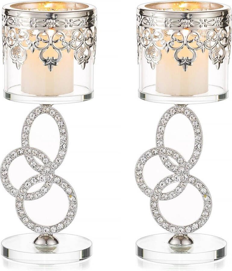 Kaarsenhouder Kristallen glazen theelichthouder set van 2 zilveren kaarsenhouders voor pijlerkaarsen van metaal ijzeren kaarsenhouder voor bruiloft eettafel verjaardagsfeest woonkamer