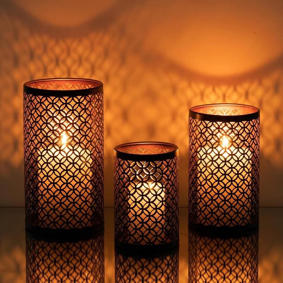 Kaarsenhouder Set van 3 metaal voor pijlerkaars Orkaan brons Retro bruiloft feest thuis Schoorsteen eettafel middelpunt decoratie binnen buiten Zwart en goud