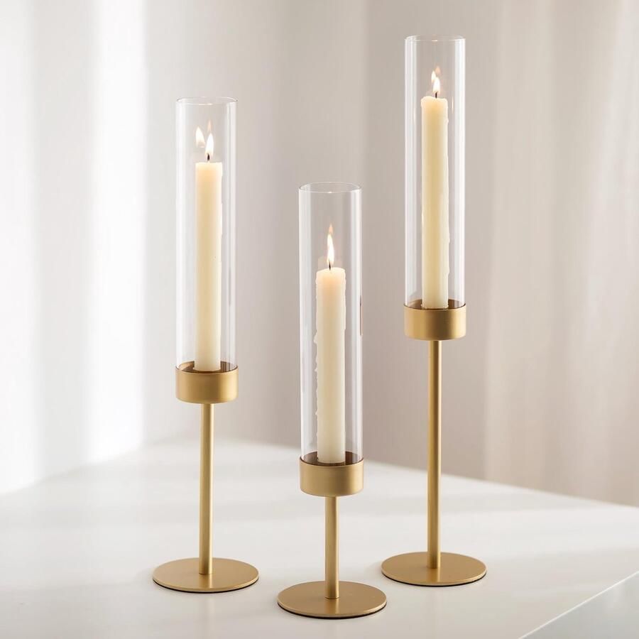Kaarsenhouder Staafkaars met Glazen Cilinder Decoratie voor Tafel Set van 3 Metalen Kandelaar
