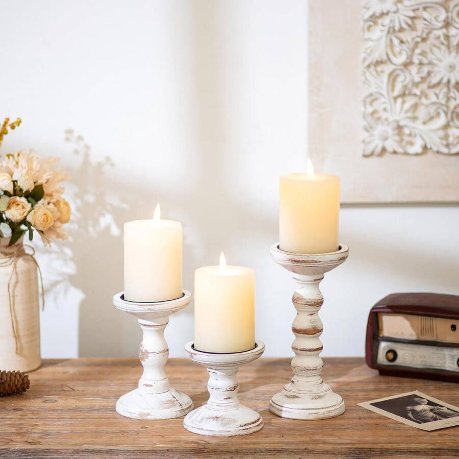 Kaarsenhouder stompkaarsen hout vintage set van 3 kandelaars voor kaarsen landhuis rustieke landhuisstijl decoratie woonkamer tafeldecoratie herfst lente tafel bruiloft 10 15 21 cm
