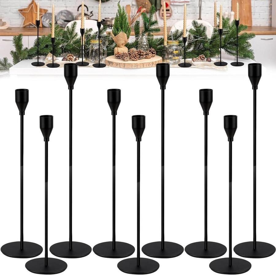 Kaarsenhouder Zwart 9-delige set bruiloft kaarsenstandaard Diner kandelaar staafkaars diameter 22 cm Vintage decoratieve kandelaar staafkaars Decoratie eettafel verjaardag feest