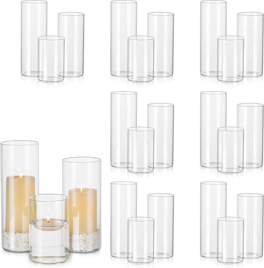 Kaarsenhouders Set Glazen Vazen Voor Decor Kerstmis en Halloween Tafel Middenstuk Cilinder Orkaan Pilaarkaarsen Votief Theelicht 24 Stuks