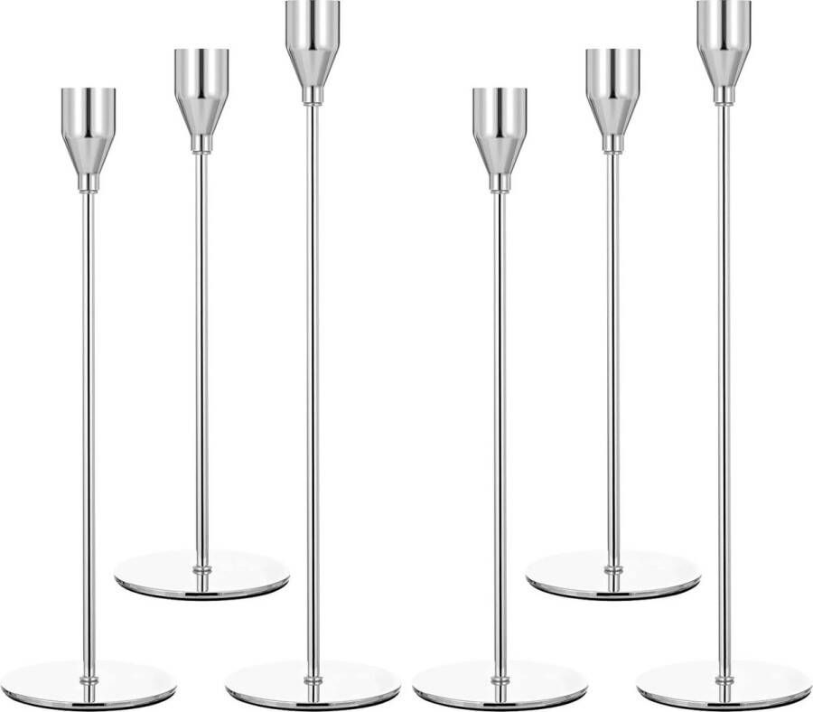 Kaarsenhouderset 6 stuks zilveren kaarsenhouder hoge kaarsenhouder voor conische kaarsen geschikt voor 3 4 dikke kaarsen voor huisdecoratie bruiloft eettafel diner bij kaarslicht (zilver)