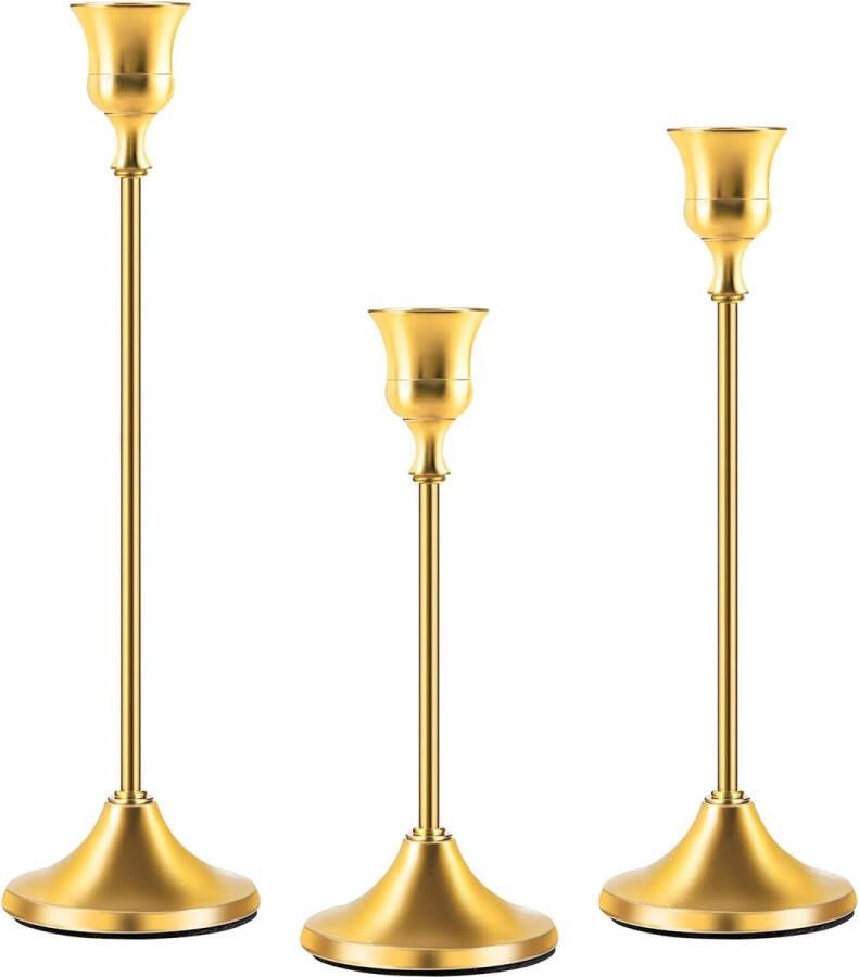 Kaarsenstandaard goud 3-delige set kaarsenhouder metalen decoratieve kaarsenlampen retro kaarsenstandaard voor staafkaarsen bruiloft eettafel diner feest kersttafeldecoratie 17 20 23 cm