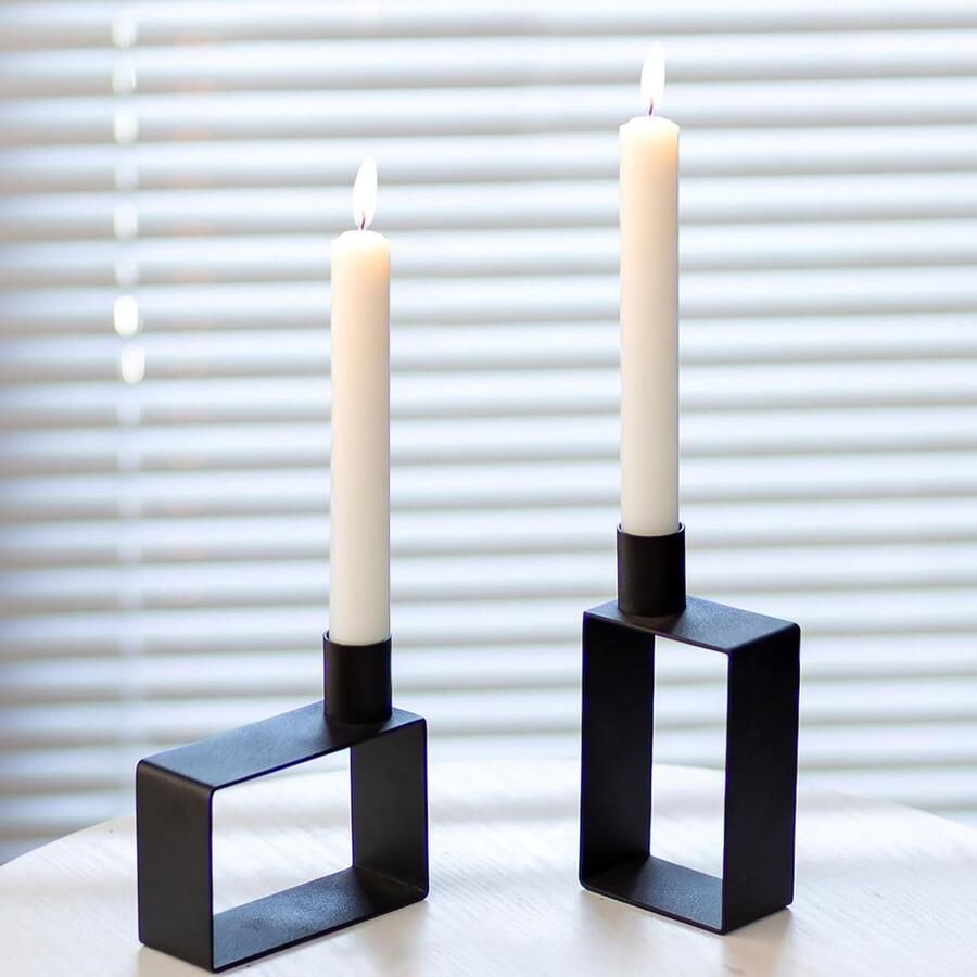 Kaarsenstandaard staafkaarsen kaarsenhouder metaal set van 2 geometrische rechthoekige staafkaarsenhouder zwart kaarsenstandaard tafeldecoratie voor Kerstmis Halloween koffietafels