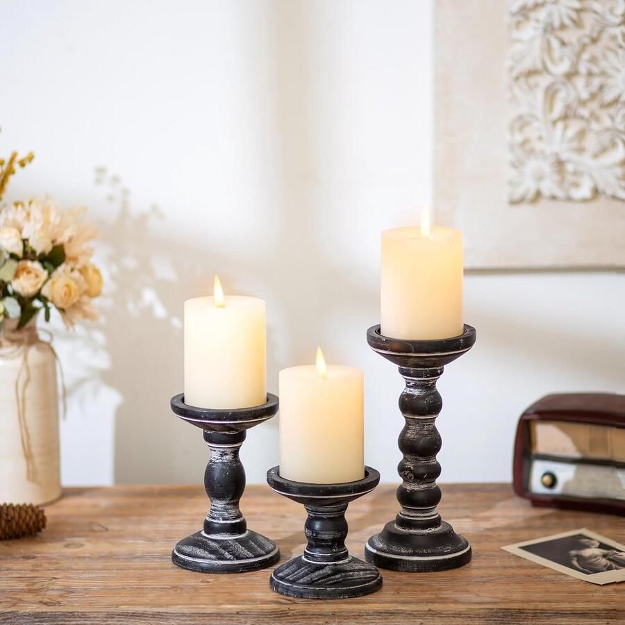 Kaarshouder Zuilkaarsen Hout Vintage Set van 3 kandelaars voor kaarsen Landhuis Rustiek Landhuisstijl Decoratie Woonkamer Tafeldecoratie Herfst Lente Tafel Bruiloft