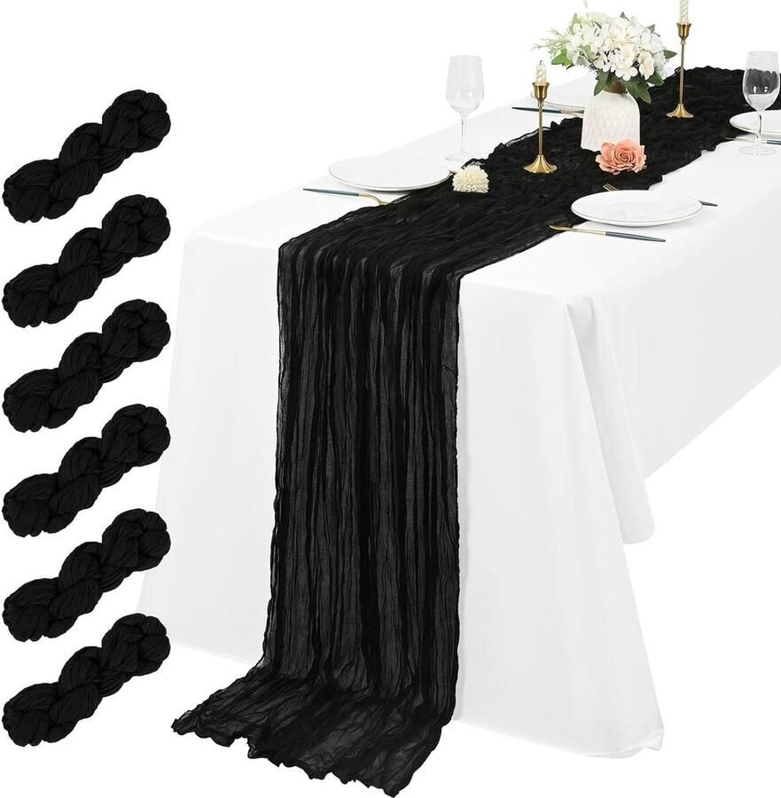 Kaasdoek tafelloper Boho gaas tafelloper Rustieke romantische lange tafelloper Bruiloftsfeest bruidsdouche Thanksgiving kerstdecoratie Zwart