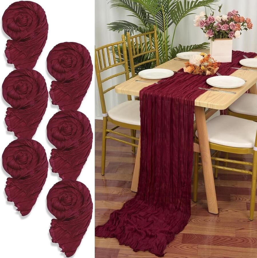 Kaasdoek tafelloper bordeaux 90 x 300 cm wijnrood Rustiek gaasstof boho tafeldecoratie bruiloftsfeest bruidsdouche Set van 6