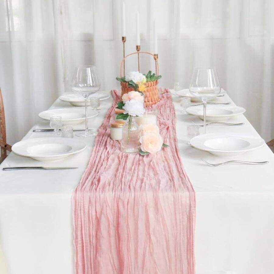 Kaasdoek tafelloper rustieke boho stijl 1 stuk roze mousseline 90 x 300 cm