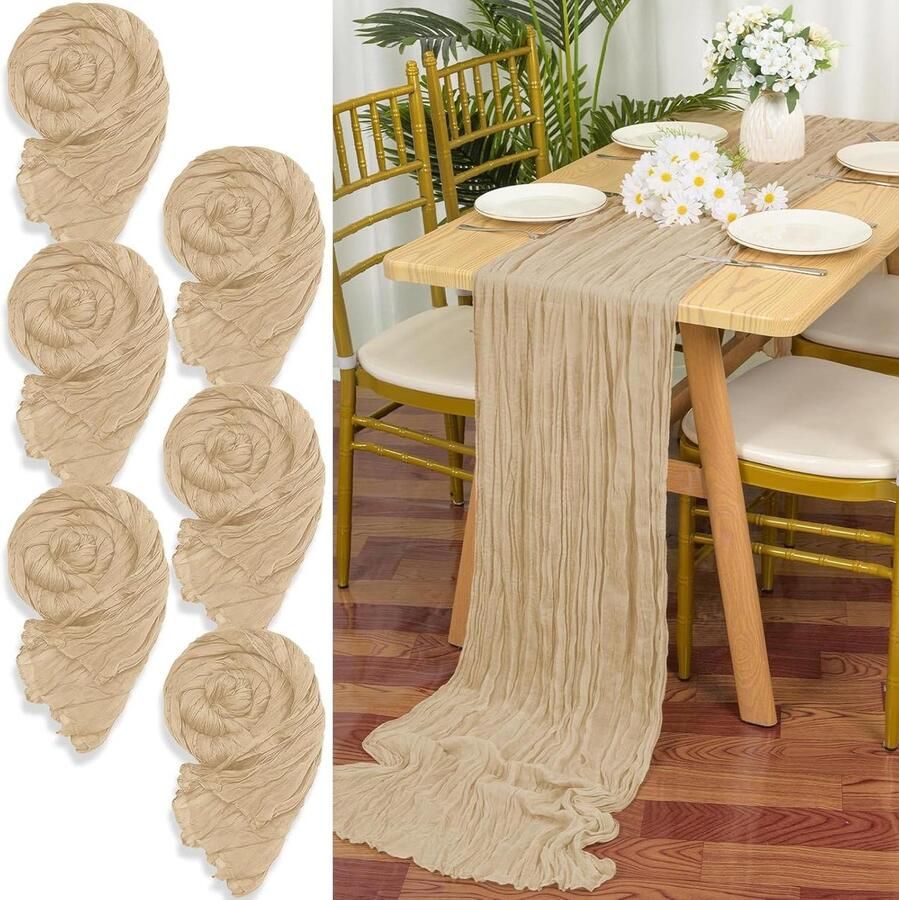 Kaasdoektafelloper beige 55 x 300 cm Rustieke gaasstof Boho-tafelloper Bruiloft tafelkleed Bruidsfeest tafeldecoratie 6 stuks