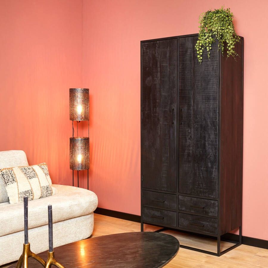 Kabinet kast Milan zwart Mangohout en staal 90 cm zwarte kast met deuren houten kast zwart