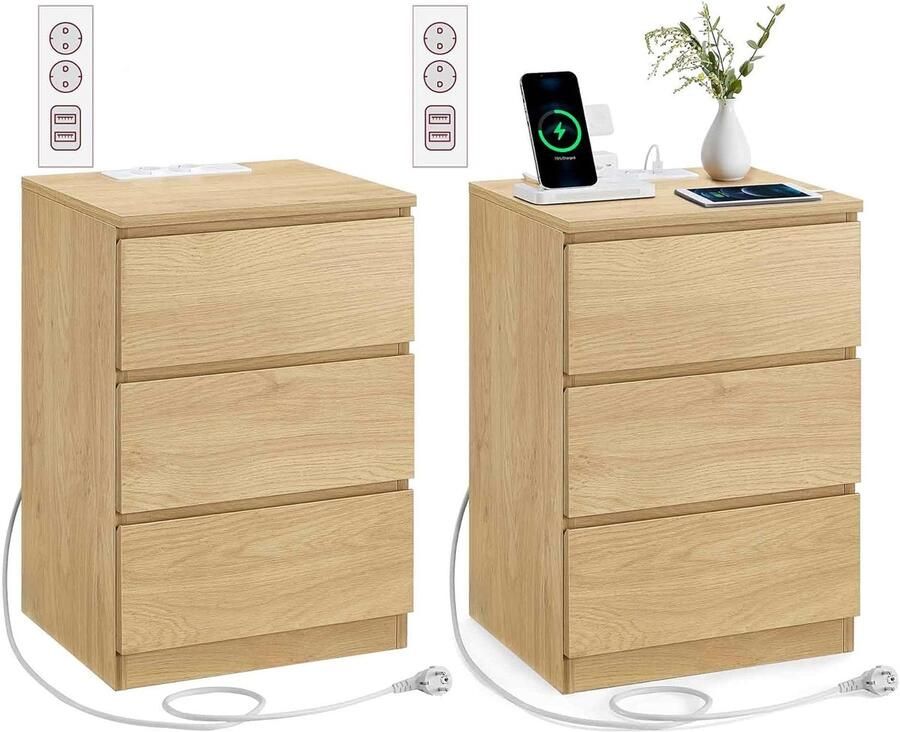 Kailyn Collection nachtkastjes set van 2 modern bijzettafeltje met 3 laden 2 AC-stopcontacten en 2 USB-A-poorten strogeel