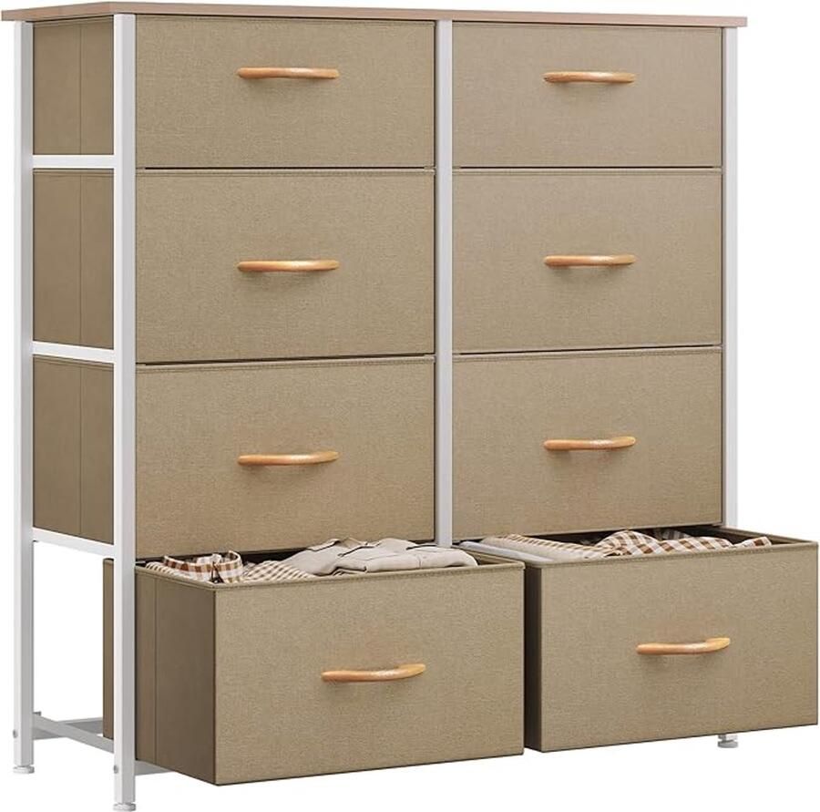 Kaki dressoir met 8 stoffen laden Stevig stalen frame & houten plank Voor slaapkamer woonkamer