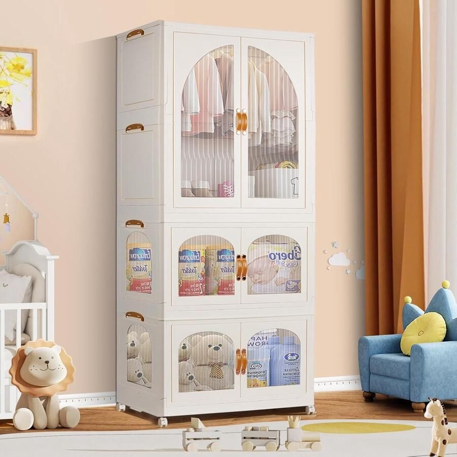 Kalolary 3 Verdiepingen Garderobe Draagbare Garderobekast voor Hangkasten Portable Storage Wardrobe met 10 Hangers Kinderkast Opvouwbare Kledingkast voor Het Ophangen Van Kleding Opslagruimte