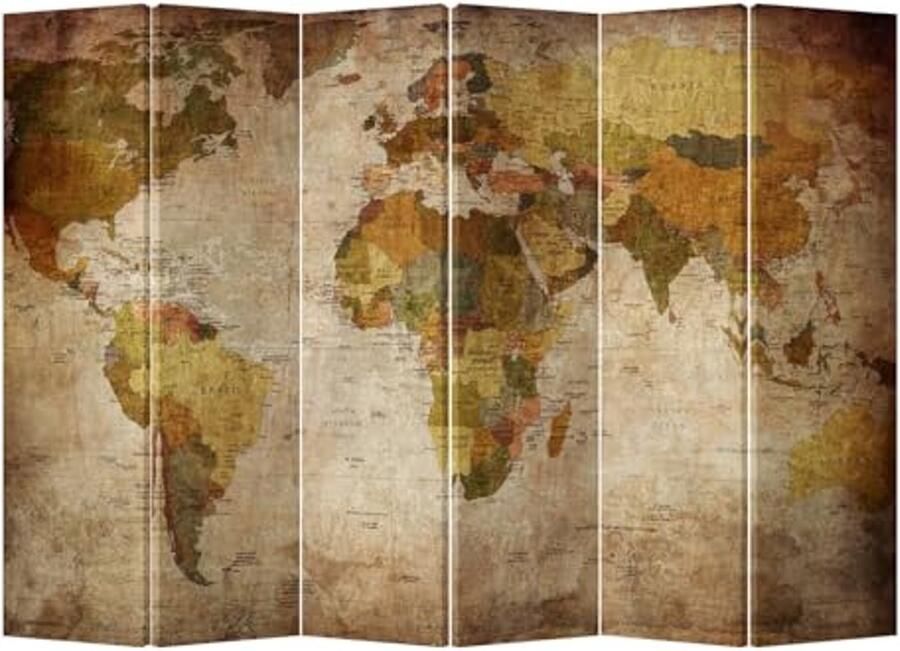 Kamerscherm Scheidingswand Dubbelzijdig Canvas Wereldmap 6 Panelen 240x180cm