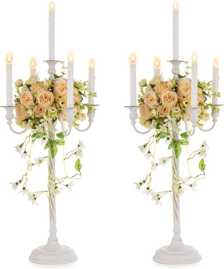 Kandelaar 5 armig: 71 cm antieke kandelaar voor bruiloft 2 stuks crème wit bloemen candelabras hoog voor Kerstmis Halloween tafel verjaardag jubileum vakantie mantel