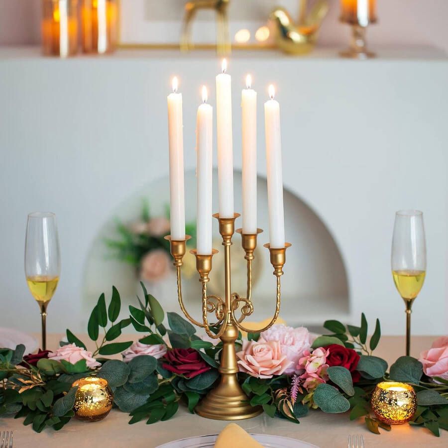 Kandelaar 5-armige kandelaar goud set van 2 vintage metalen kaarsenhouders voor staafkaarsen kaarsen bruiloft feest Kerstmis tafeldecoratie schoorsteenconsole tafel decoratie woonkamer
