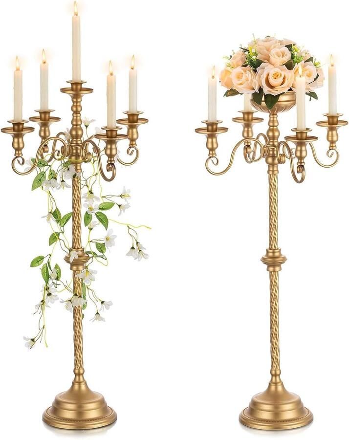 Kandelaar Goud 2 Stuks 85cm Bruiloft Centerpieces Tafels 5 Arm Metalen Bloem Trompet Urn Vaas Voor Vloer Staande Kandelaars Verjaardagsfeestje Thuis Eetkamer Decoraties. vloerkandelaar