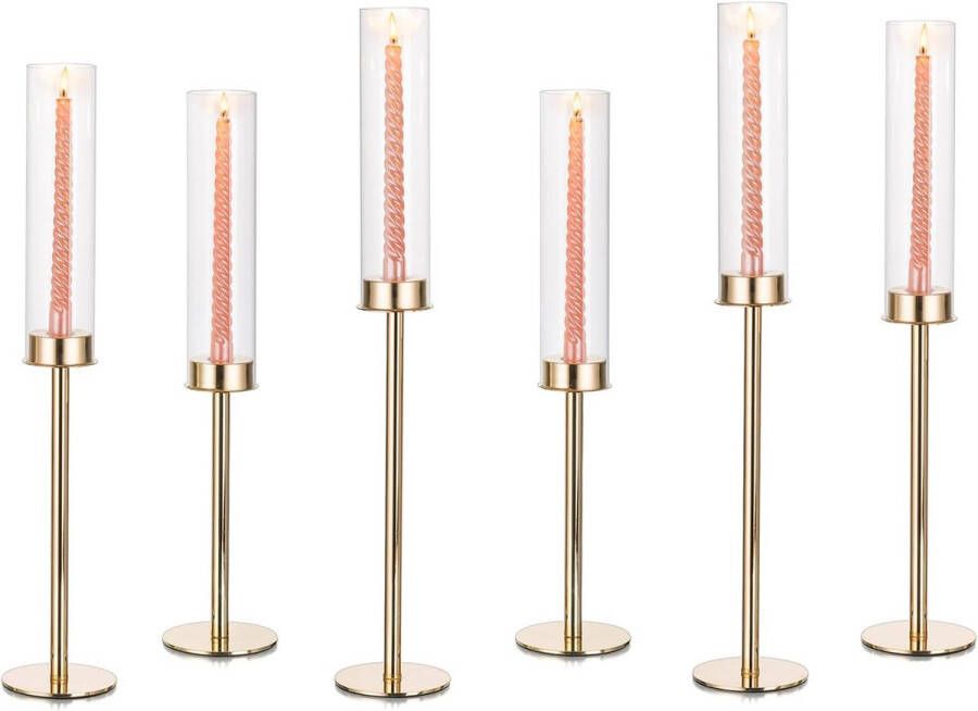 Kandelaar goud metaal staafkaarsenhouder glas set van 6 kaarsenstandaard met cilinder windlicht glas kaarsenstandaard voor bruiloft decoratie tafel kandelaar voor huis woonkamer